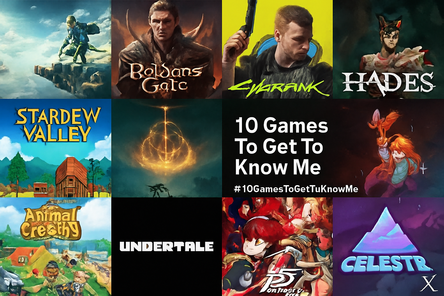 Vibrant Twitter collage featuring The Legend of Zelda: Tears of the Kingdom, Baldur's Gate 3, Cyberpunk 2077, Stardew Valley, Elden Ring, Hades, Animal Crossing: New Horizons, Undertale, Persona 5 Royal, and Celeste with #10GamesToGetToKnowMe hashtag and X branding.