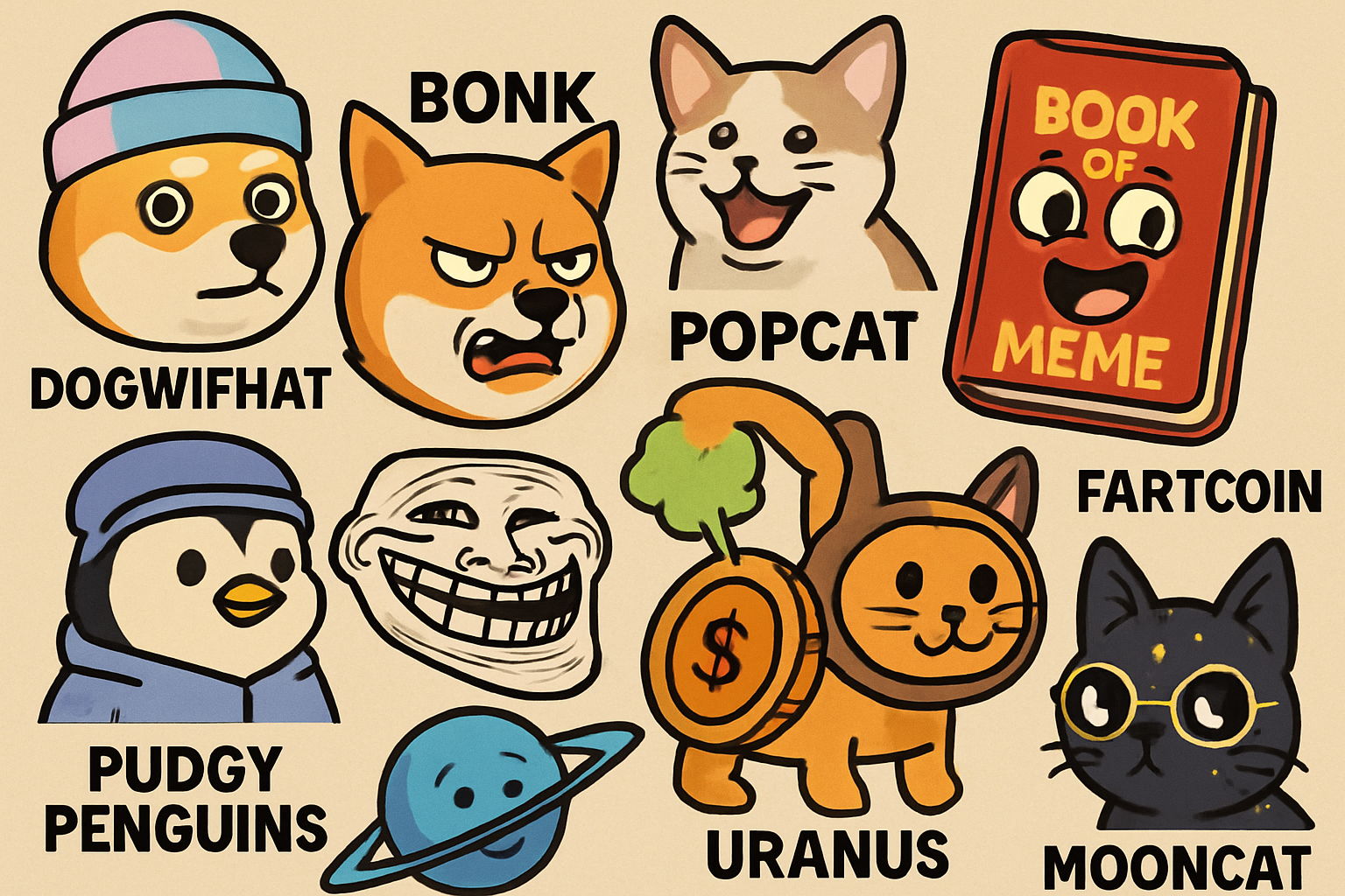 Collage of top 10 Solana memecoin mascots for 2025 including Dogwifhat, Bonk, Popcat, Cat in a Dog World, Book of Meme, Pudgy Penguins, Troll Face, Fartcoin, Uranus, and Mooncat