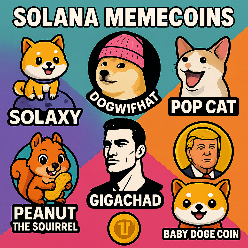 Collage of top Solana memecoins logos including Solaxy, Dogwifhat, Popcat, Peanut the Squirrel, Gigachad, Trump Coin, and Baby Doge Coin