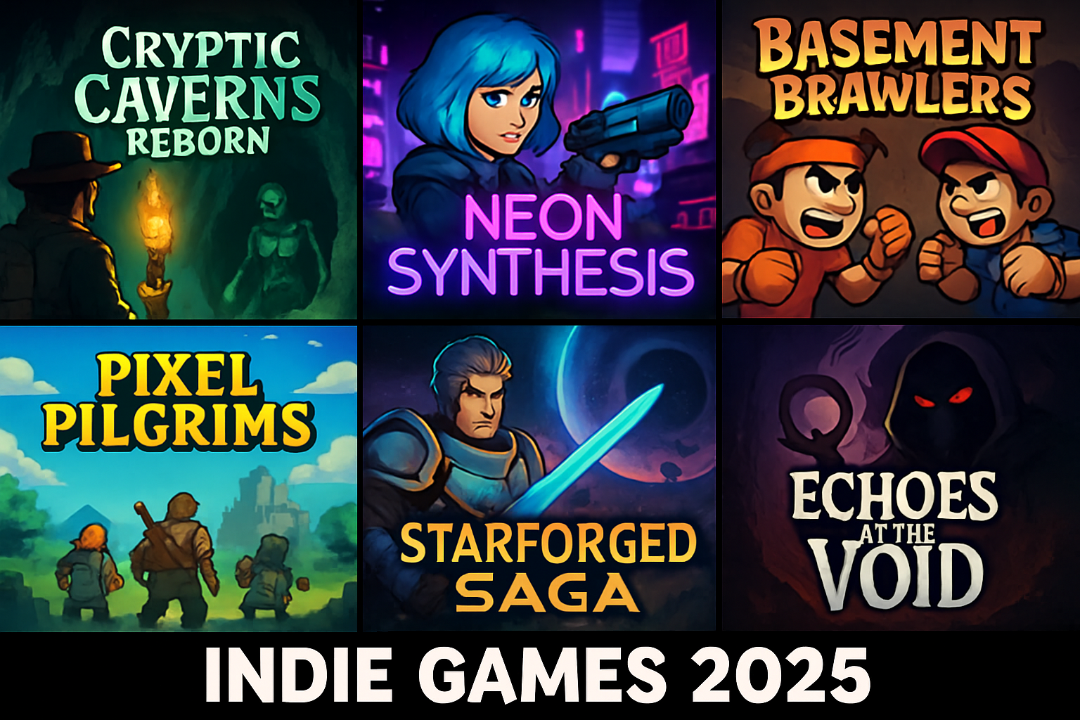 Vibrant collage featuring key art from Cryptic Caverns: Reborn, Neon Synthesis, Basement Brawlers, Echoes of the Void, Pixel Pilgrims, Starforged Saga, and Dungeon Delver: Rogue Protocol—top indie games of 2025 on B3Daily.com
