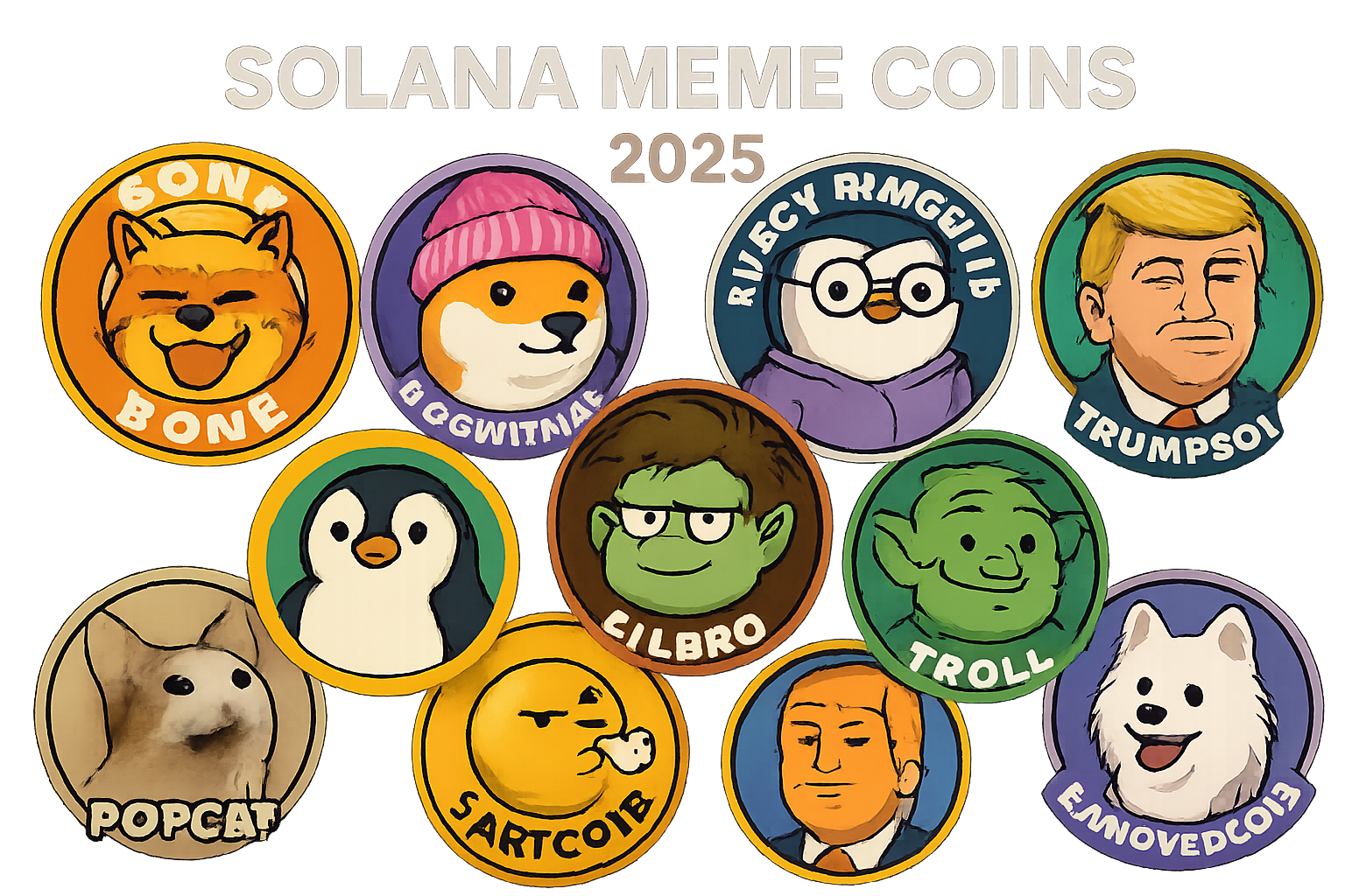Collage of top Solana meme coin logos for 2025: Bonk, Dogwifhat, Pudgy Penguins, Plaipin, LilBro, Troll, Popcat, Fartcoin, TrumpSol, and Samoyedcoin with Solana branding