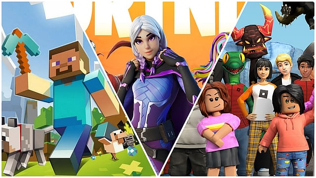 Fortnite creators designing custom islands and Roblox developers collaborating in immersive virtual worlds, showcasing vibrant user-generated content in 2025.