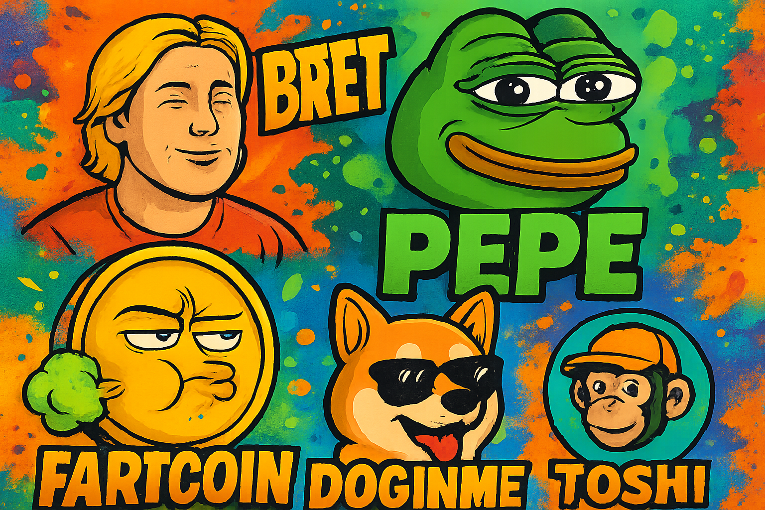 Collage of Brett (BRETT), Based Pepe (PEPE), Based Fartcoin (FARTCOIN), Doginme (DOGINME), and Toshi (TOSHI) logos with playful meme elements, representing top Base memecoins for 2025.