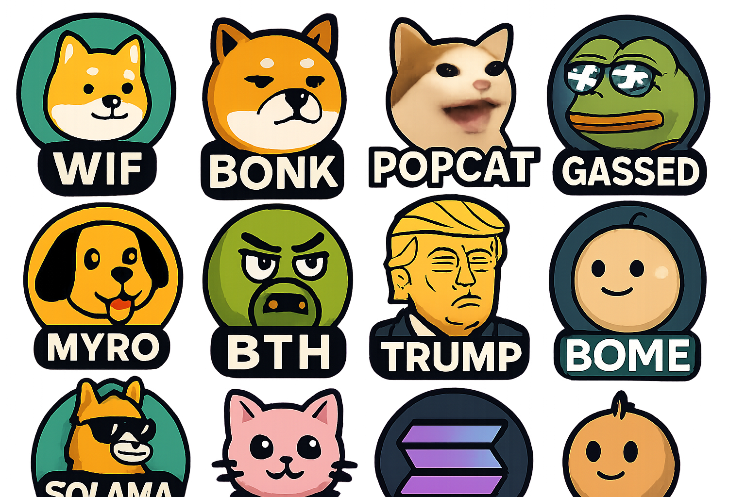 Collage of top Solana meme coin logos: WIF, BONK, POPCAT, GASSED, MYRO, BTH, TRUMP, SOLAMA, MEW, BOME for 2025
