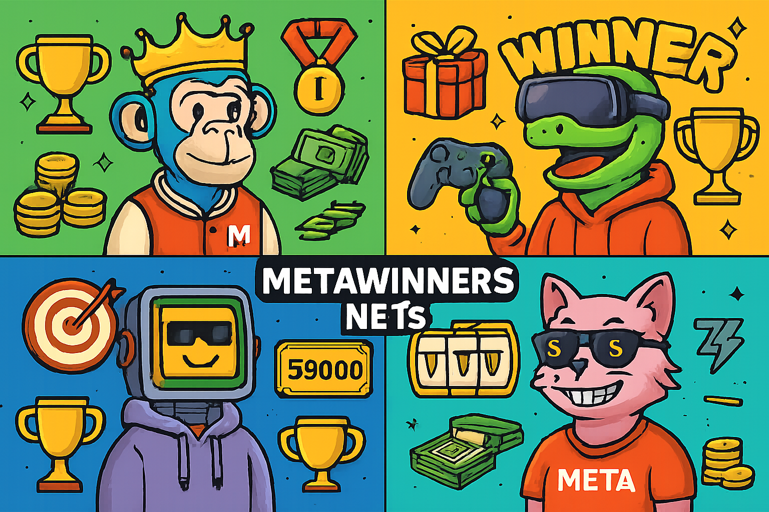 Vibrant collage of MetaWinners NFTs digital art with gaming rewards and prize visuals, representing Web3 gaming economy in 2025