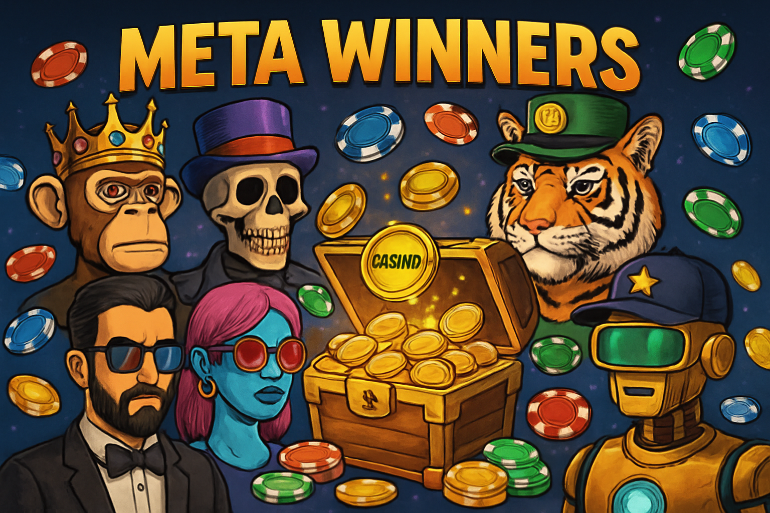 Vibrant collage of MetaWinners NFTs, digital casino chips, and a treasure chest overflowing with $CASINO tokens, illustrating utility, staking, and strategies in the MetaWin ecosystem.