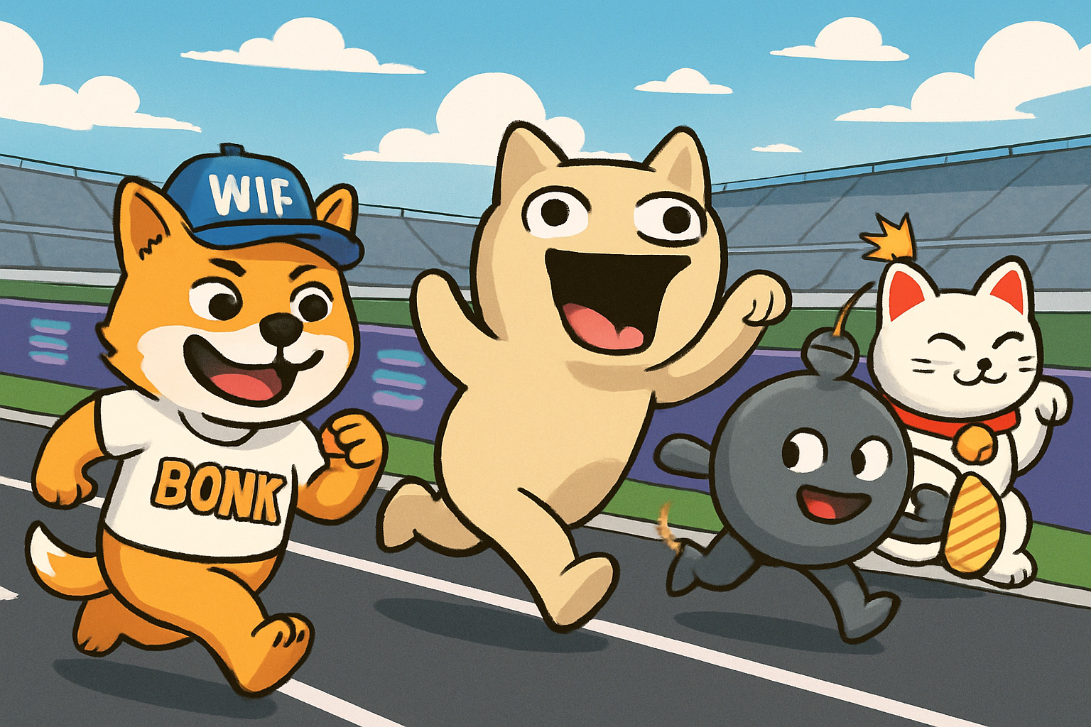 Collage of WIF, BONK, POPCAT, BOME, and MANEKI mascots racing on a digital Solana-themed track, representing top Solana memecoins in 2025