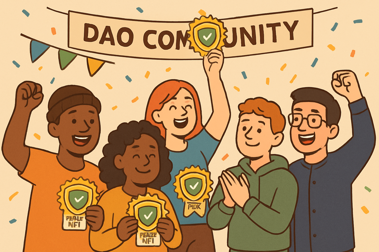 Vibrant DAO community celebrating after minting early governance NFT badges in a Web3 project