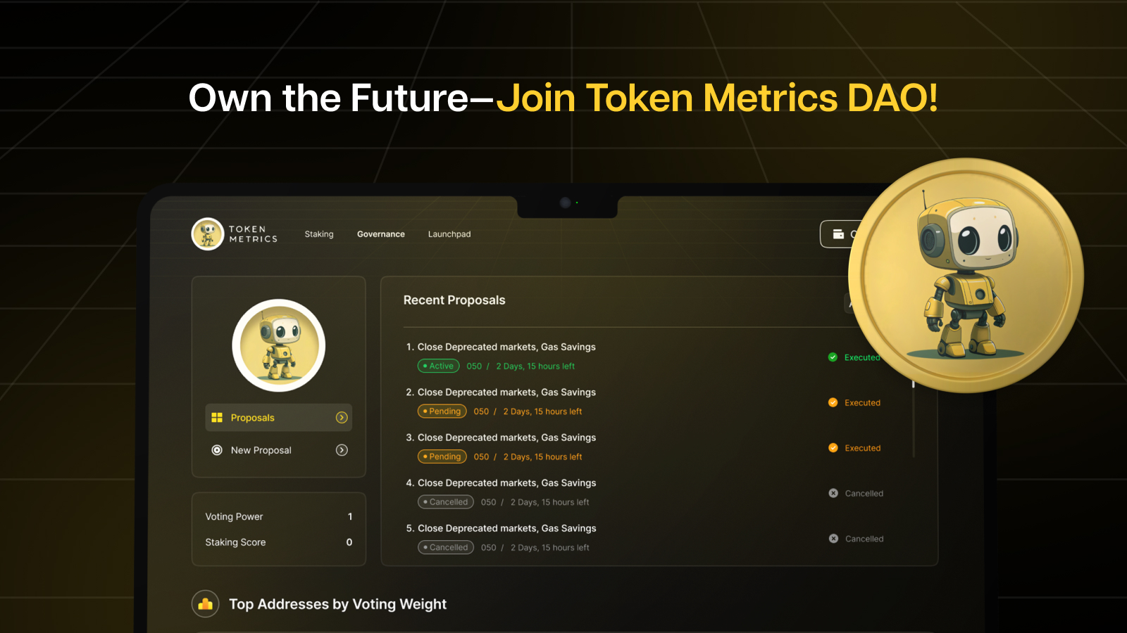 DAO community dashboard with members displaying unique NFT badges for governance and voting transparency