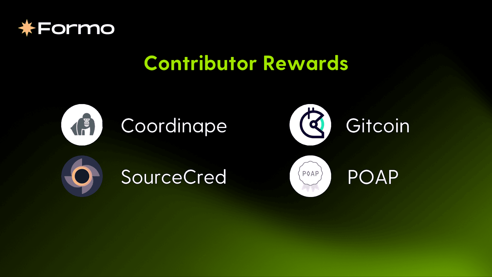 DAO dashboard showcasing colorful NFT contributor badges with role icons for Builder, Backer, and Community Contributor in a Web3 community interface