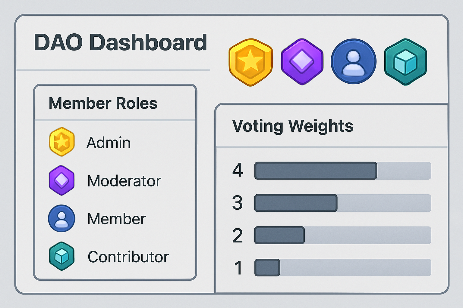Vibrant DAO dashboard showcasing NFT badges, member roles, and voting weights for decentralized governance