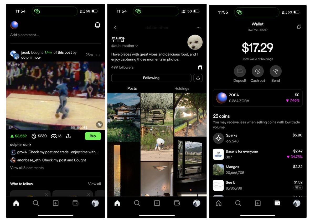 Zora social app dashboard showcasing live content coin trading activity and creator monetization features powered by Base blockchain
