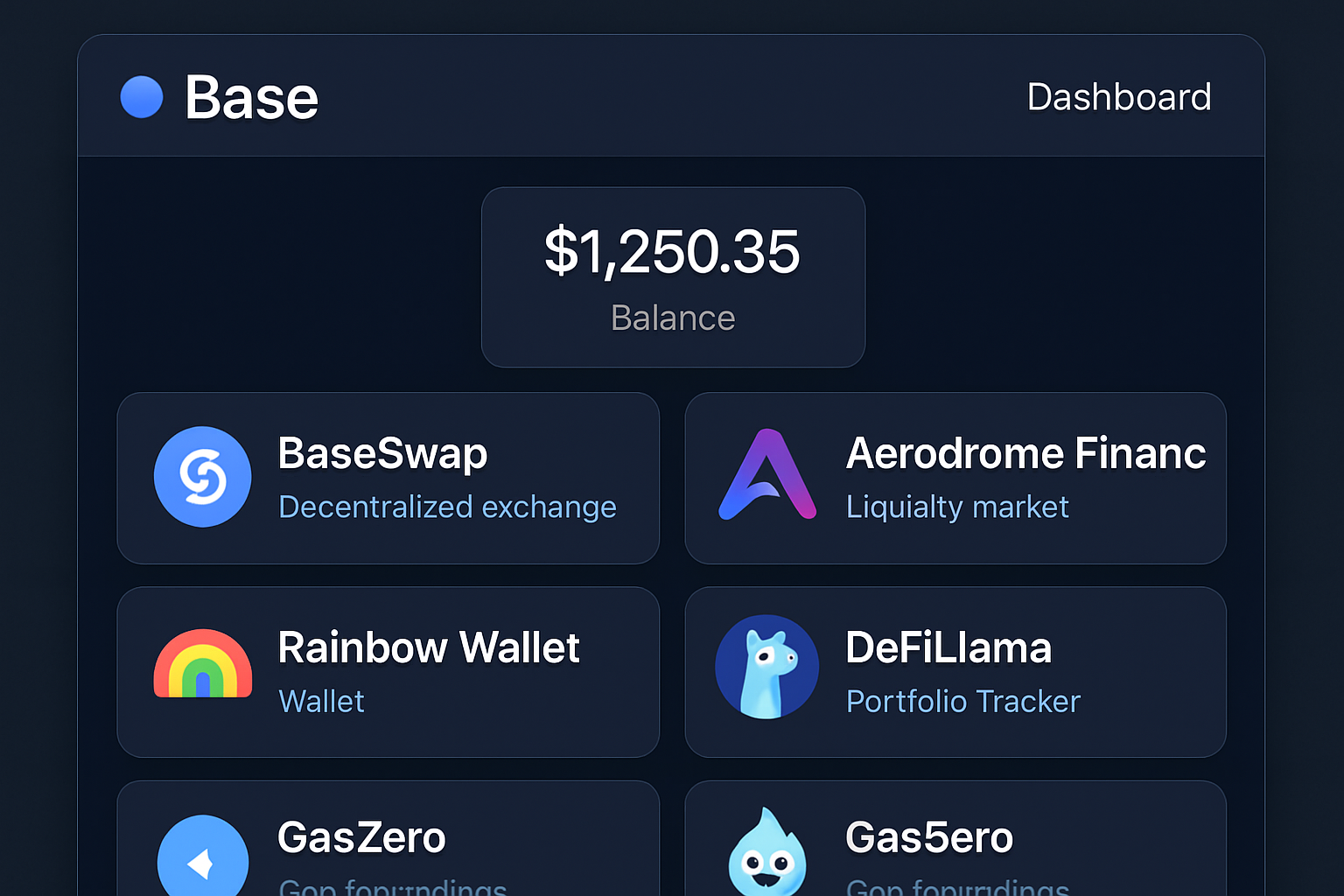 Vibrant dashboard screenshot showcasing BaseSwap, Aerodrome Finance, Rainbow Wallet (Base integration), DeFiLlama Portfolio Tracker, and GasZero—user-friendly DeFi tools on the Base blockchain for retail investors in 2025.