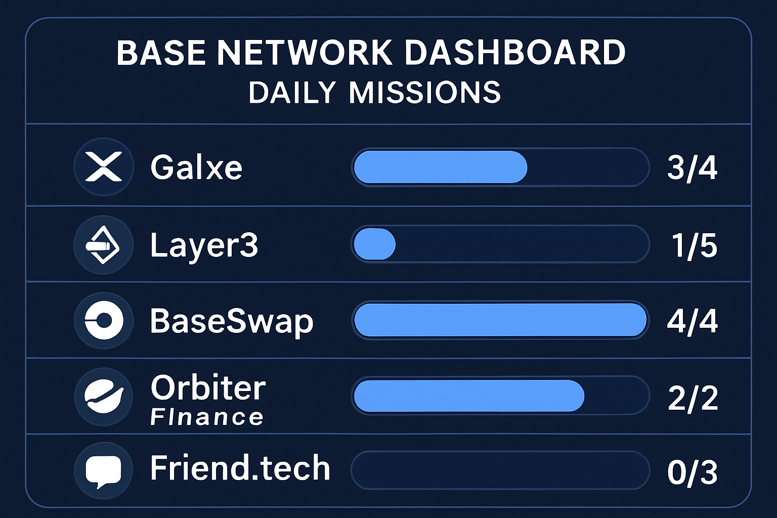 Vibrant dashboard displaying daily mission progress for Galxe, Layer3, BaseSwap, Orbiter Finance, and Friend.tech on the Base network, highlighting active participation in airdrop tasks.