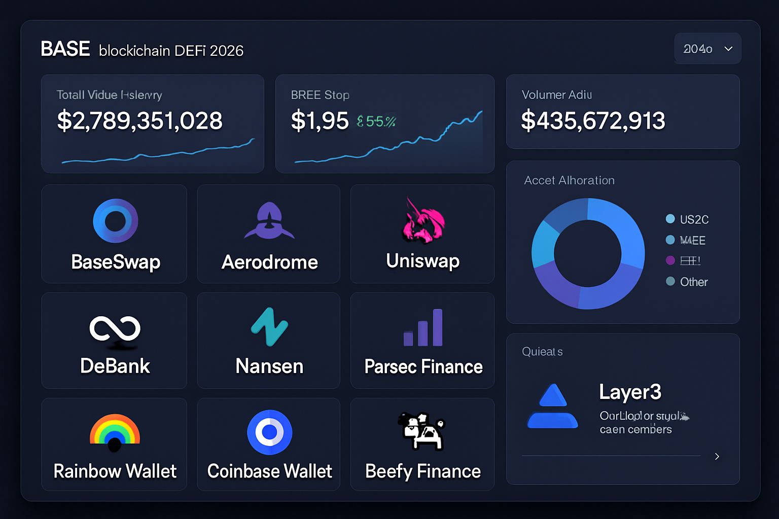 Vibrant dashboard displaying top beginner-friendly DeFi tools on Base blockchain in 2025, featuring BaseSwap, Aerodrome, Uniswap, DeBank, Nansen, Parsec Finance, Rainbow Wallet, Coinbase Wallet, Beefy Finance, and Layer3 Quests.