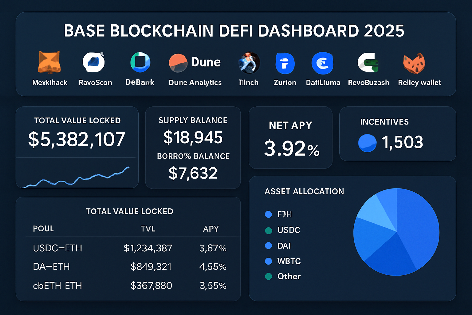 Vibrant dashboard displaying top free DeFi tools for retail investors on Base blockchain in 2025, including MetaMask, BaseScan, DeBank, Dune Analytics, 1inch Wallet, Zerion, DefiLlama, Coinbase Wallet, Revoke.cash, and Rabby Wallet.