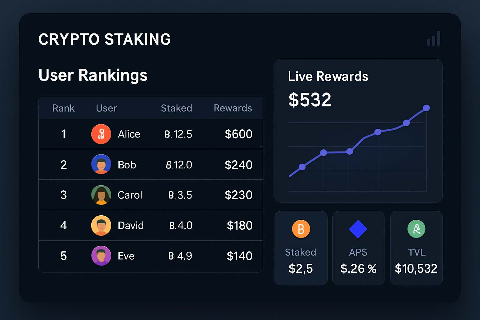Vibrant on-chain staking dashboard displaying user rankings, live reward distributions, and staking statistics for crypto loyalty programs
