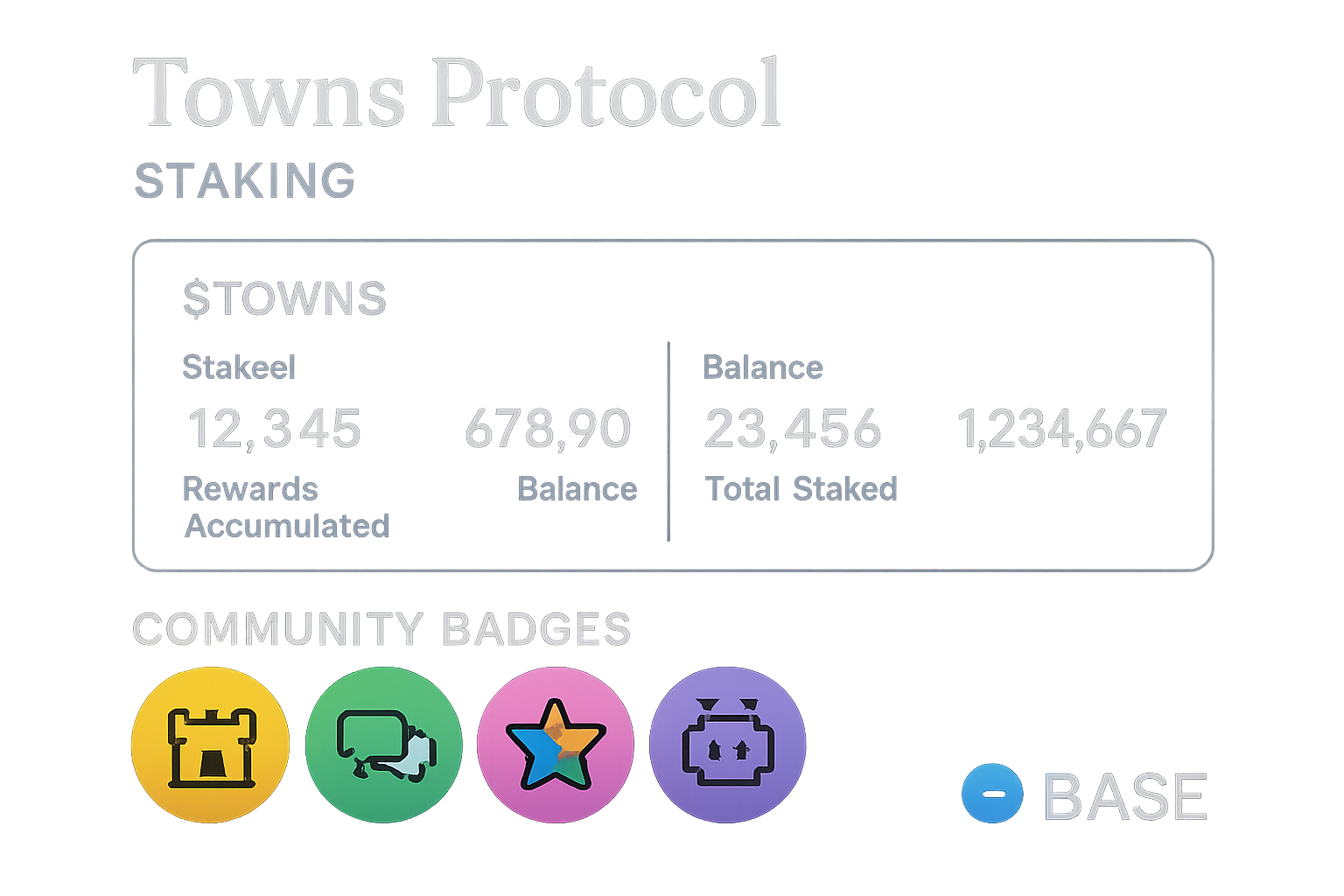 Vibrant Towns Protocol dashboard displaying $TOWNS staking statistics and community badges on Base network