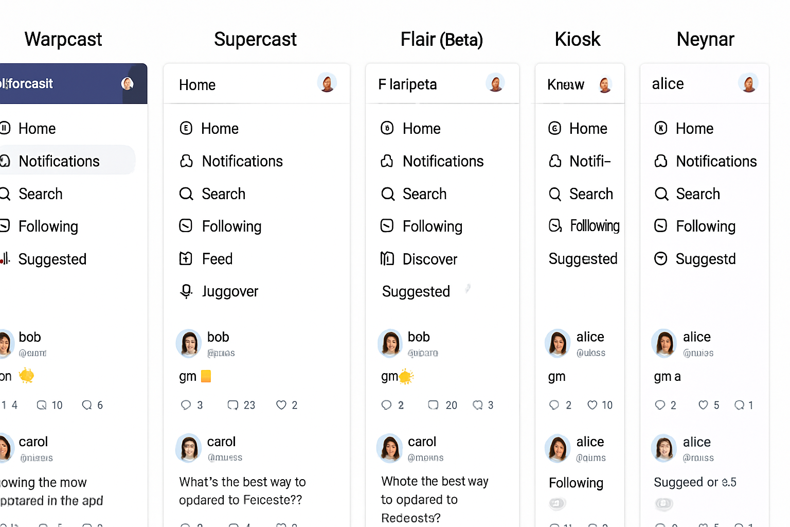 Vibrant dashboard comparison of Warpcast, Supercast, Flair, Kiosk, and Neynar Farcaster clients side by side, showcasing their unique user interfaces and features in 2024.