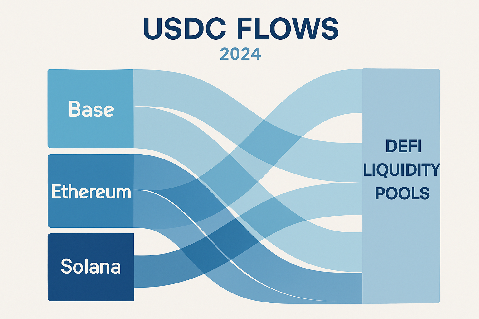 Vibrant data visualization of USDC stablecoin flows across Base, Ethereum, and Solana networks in 2024, highlighting DeFi liquidity pool adoption and network distribution.
