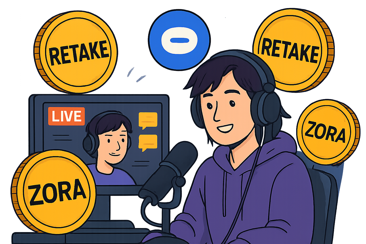 Digital art of a livestreamer with floating RETAKE and ZORA tokens, Base chain logo in the background, symbolizing tokenized creator engagement on Base.