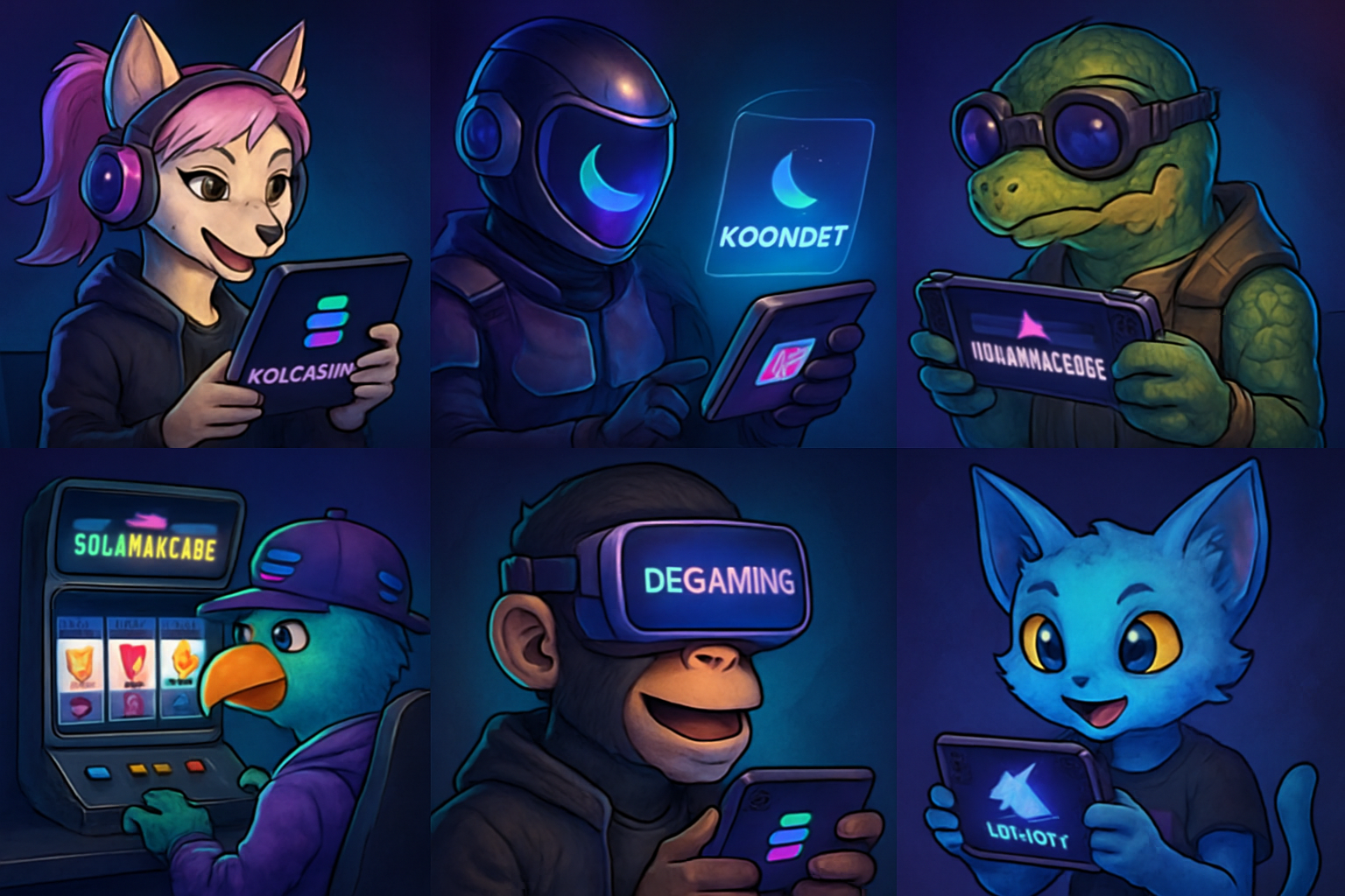 Vibrant digital collage of avatars playing Solana casino and arcade games like Solcasino, Moonbet, Arcade2Earn, Solanarcade, SlotieVerse, DeGaming, and Aurory on futuristic devices, representing top GameFi platforms for 2025.