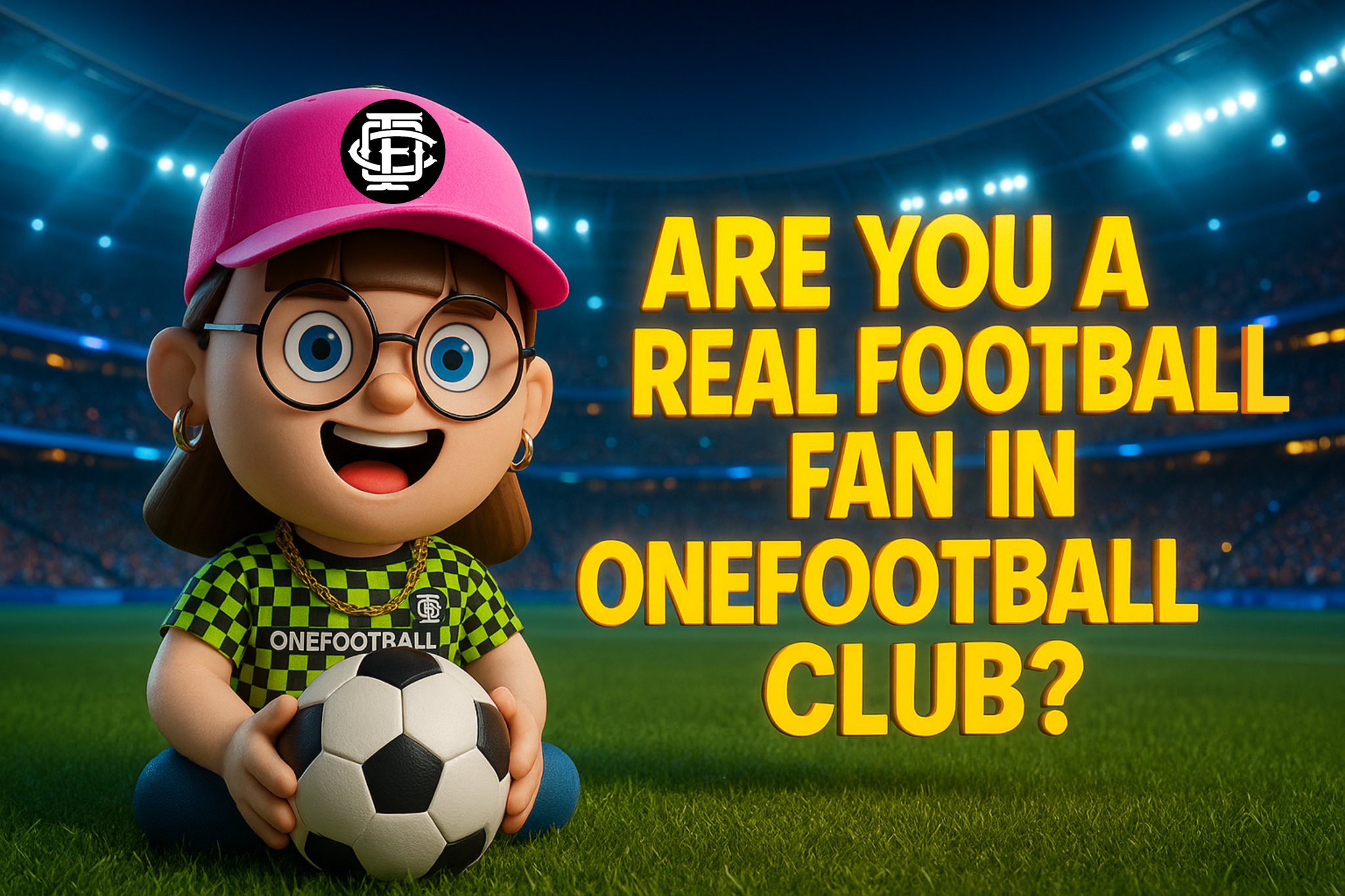 Digital illustration of football fans in a stadium holding smartphones displaying $OFC tokens and digital fan IDs, with a vibrant Web3 blockchain theme