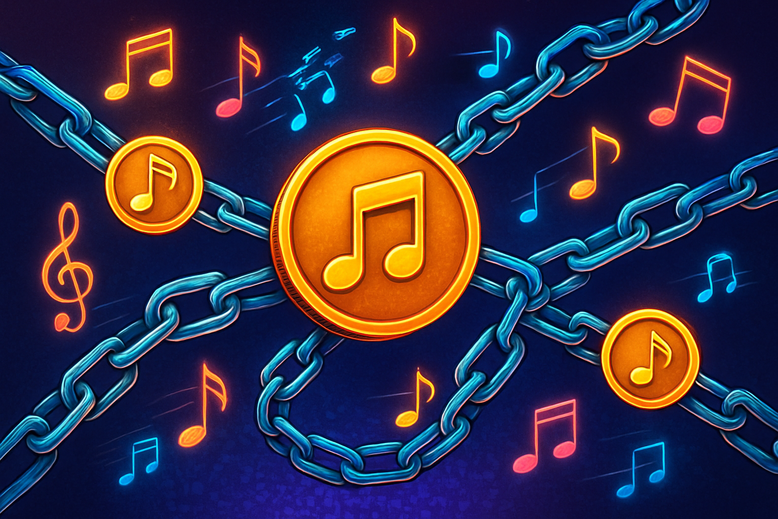 Digital illustration showing music notes, blockchain chains, and tokens interwoven, representing the fusion of music and blockchain technology for royalty investments.