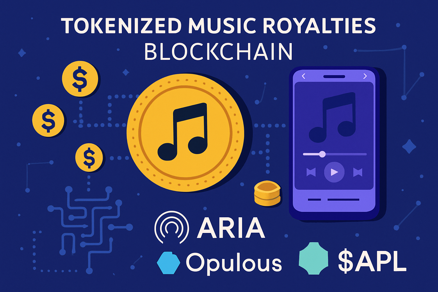 Vibrant digital illustration of tokenized music royalties on blockchain networks featuring Aria Protocol, Opulous, and $APL