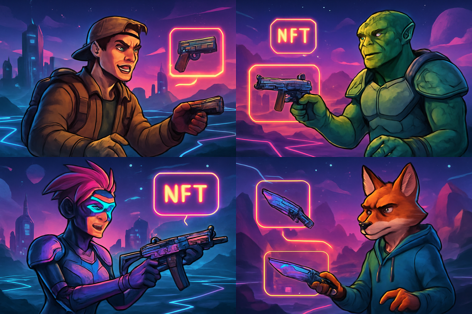 Digital illustration of video game characters trading NFT weapons and skins across interconnected virtual worlds, representing cross-game NFT integration and interoperability.
