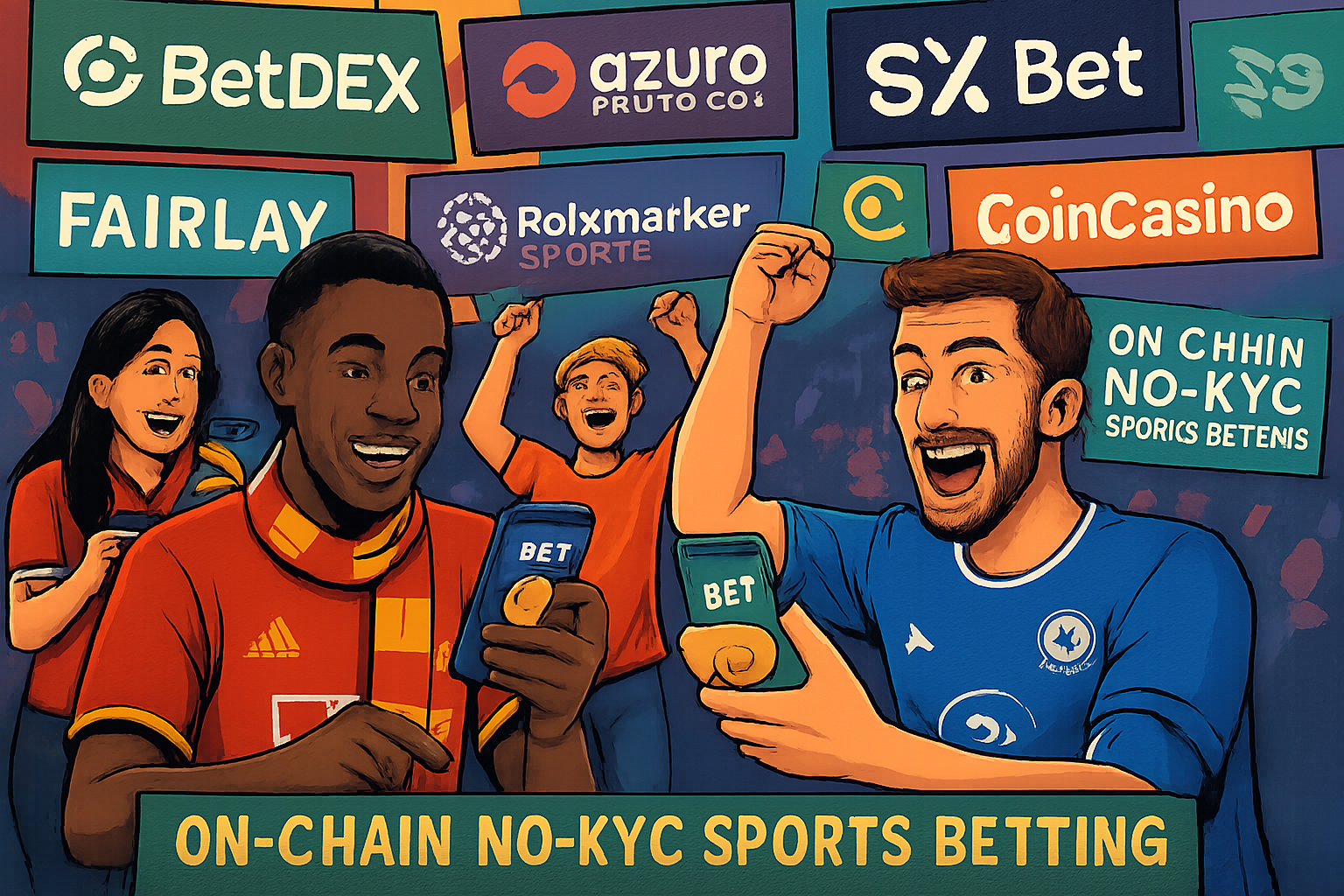 Football fans using smartphones and crypto wallets to bet on Premier League matches via top 7 on-chain no-KYC platforms: BetDEX Exchange, Azuro Protocol, SX Bet, Fairlay, Polymarket Sports, SolSports, CoinCasino. Vibrant digital illustration, blockchain sports betting 2025.