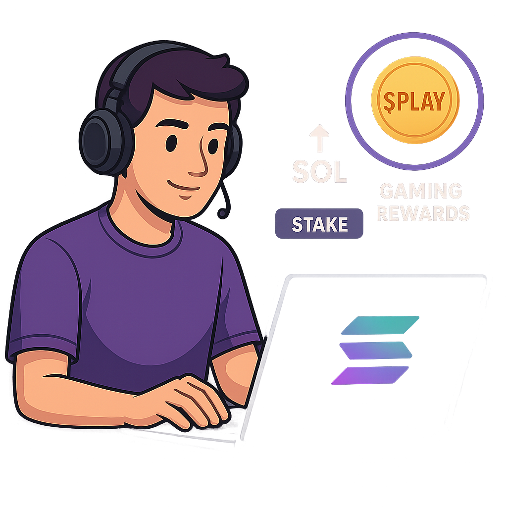 Gamer staking SOL on laptop with Solana logos and $PLAY tokens for gaming rewards