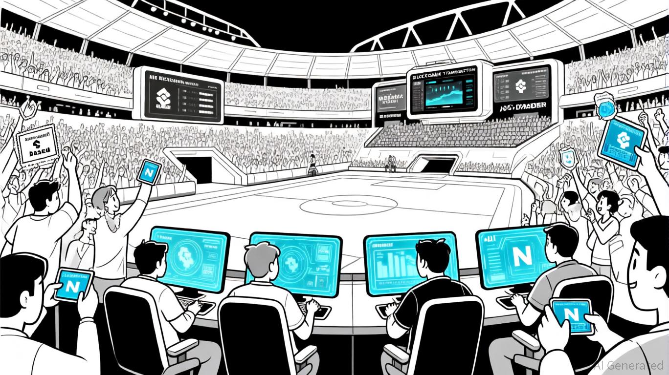 AI algorithms interacting with blockchain ledgers over a digital sports stadium background, symbolizing transparency and innovation in sports betting platforms.
