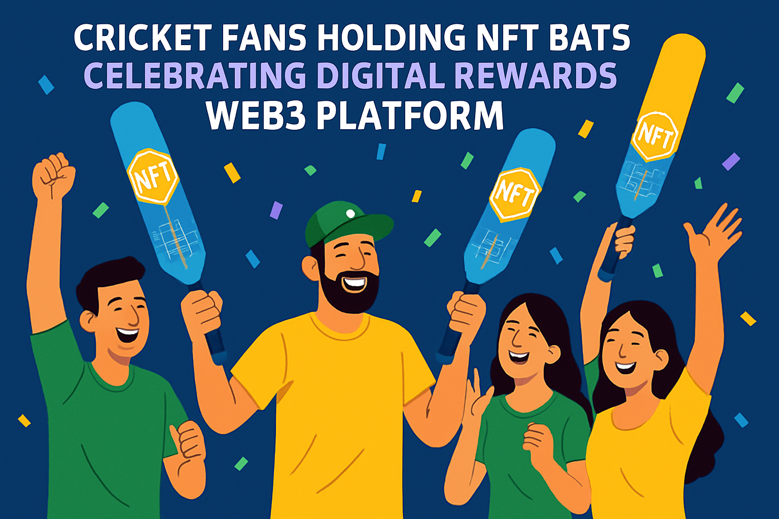 Cricket fans celebrating with NFT bats and digital rewards on a vibrant Web3 platform interface