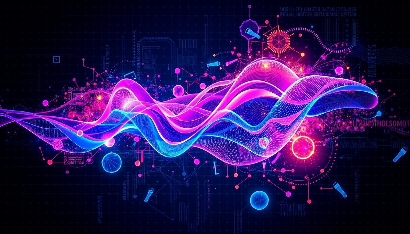 Vibrant illustration of dynamic NFT tokens linked to music notes and streaming data flows, symbolizing blockchain-powered music royalties