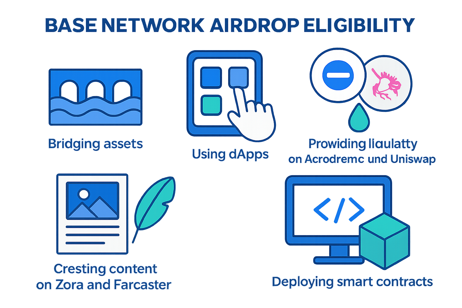 Vibrant graphic of users bridging assets, providing liquidity, interacting with Base dApps, creating content on Zora and Farcaster, and deploying smart contracts on the Base network
