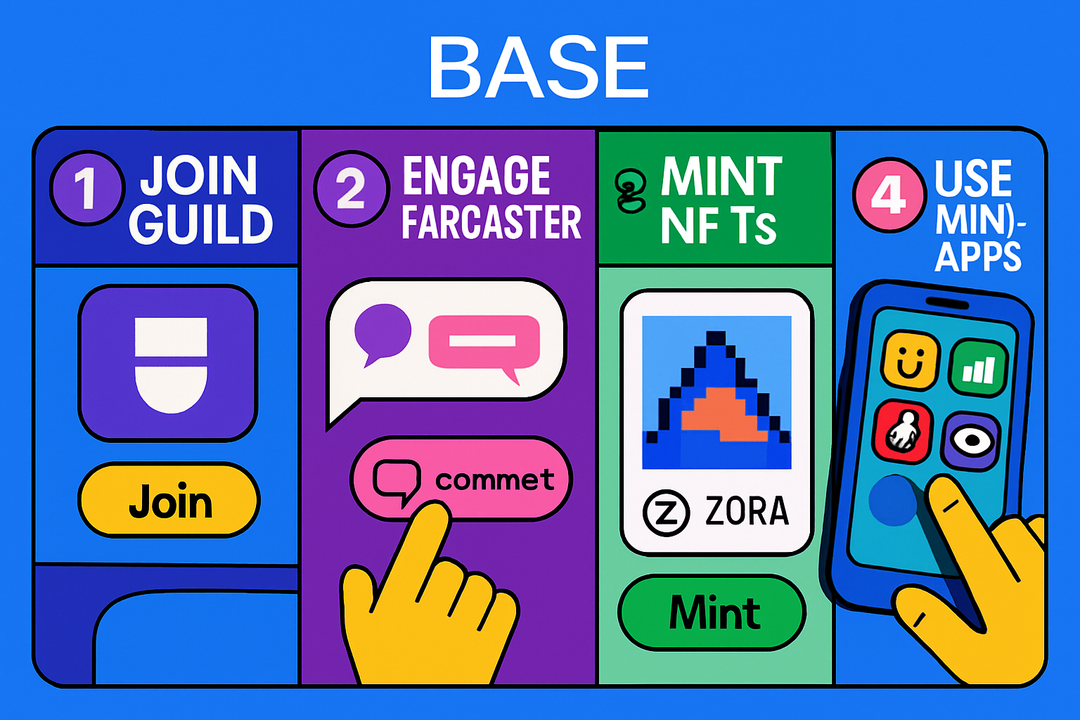 Users interacting with Base Guild, exploring Farcaster mini-apps, and minting NFTs on Zora for the $BASE airdrop step-by-step guide