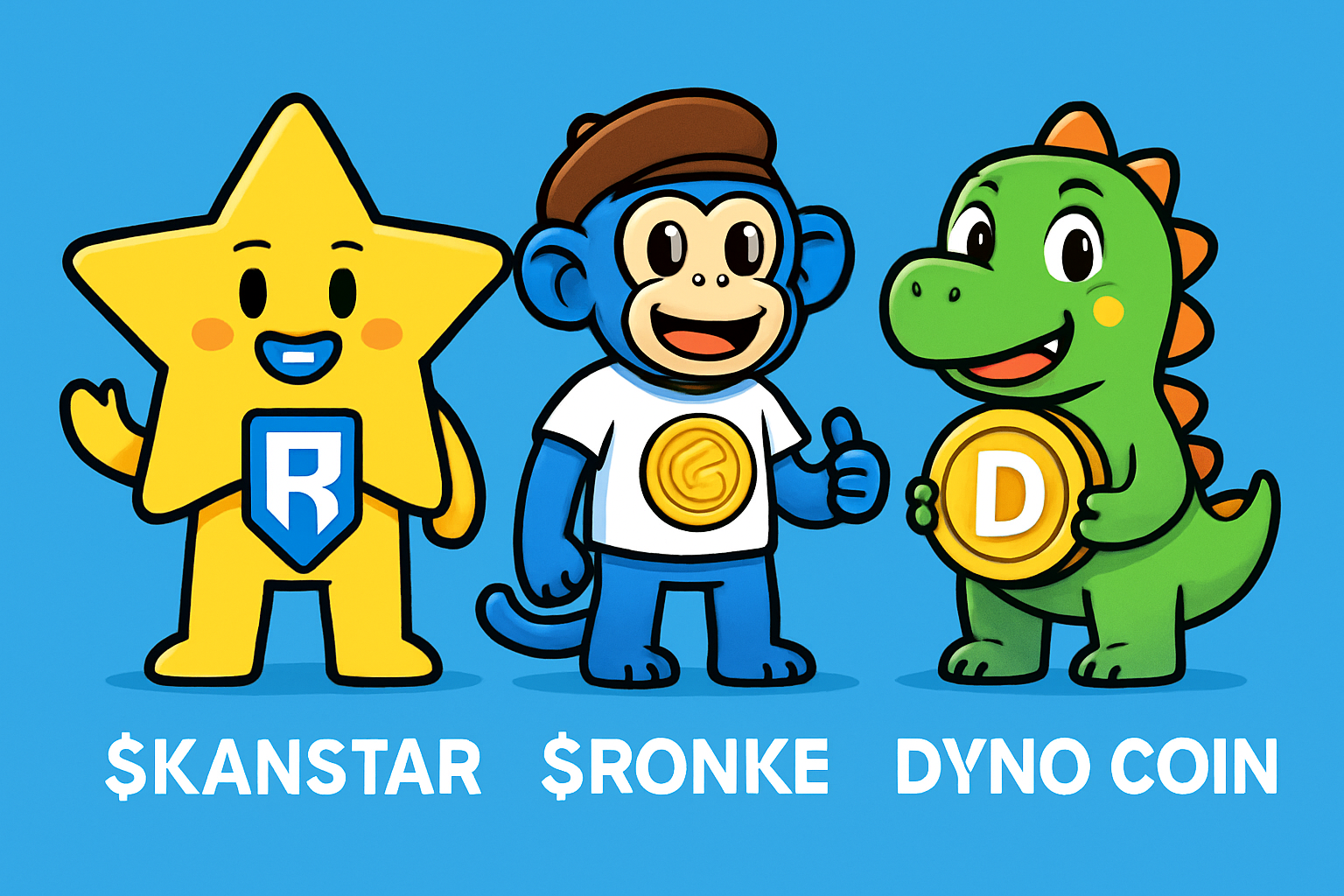 Vibrant illustration of Kanstar, Ronke (the blue monkey), and Dyno mascots representing $KANSTAR, $RONKE, and Dyno Coin tokens in the Ronin blockchain universe