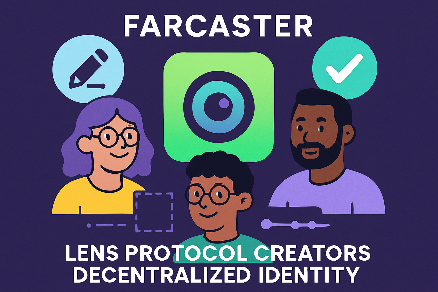 Vibrant illustration of creators leveraging decentralized identity tools on Farcaster and Lens Protocol for direct monetization in Web3 social media.
