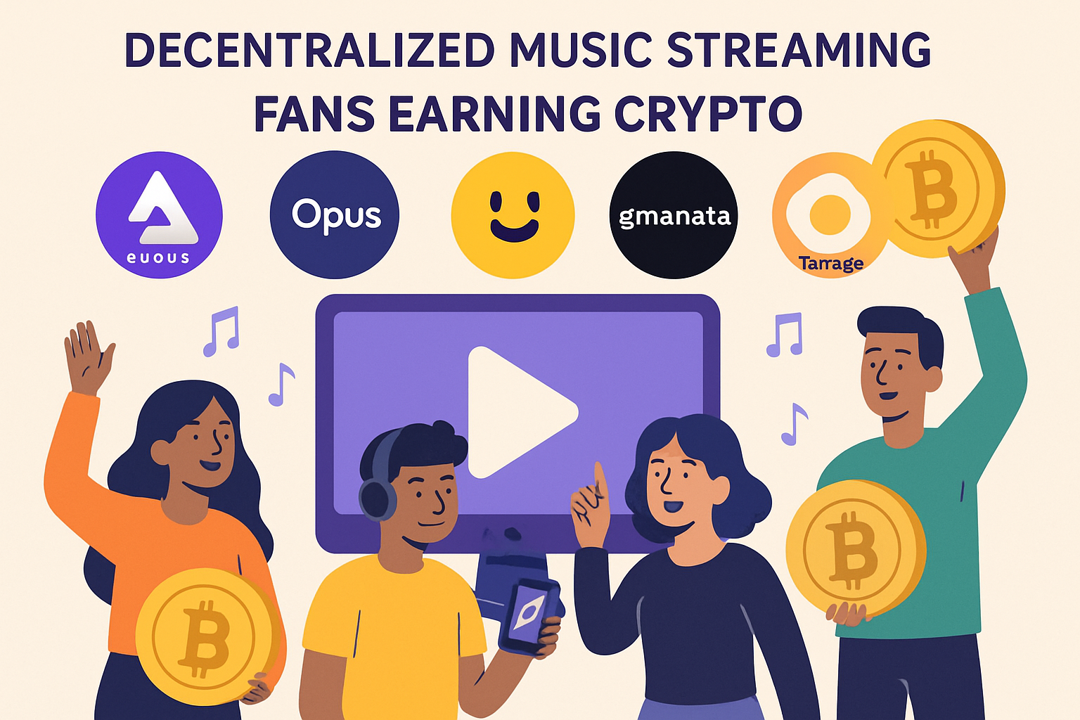 Fans using decentralized music streaming apps like Audius, Opus, Banger, Emanate, and Tamago, earning crypto tokens while listening to music on their devices