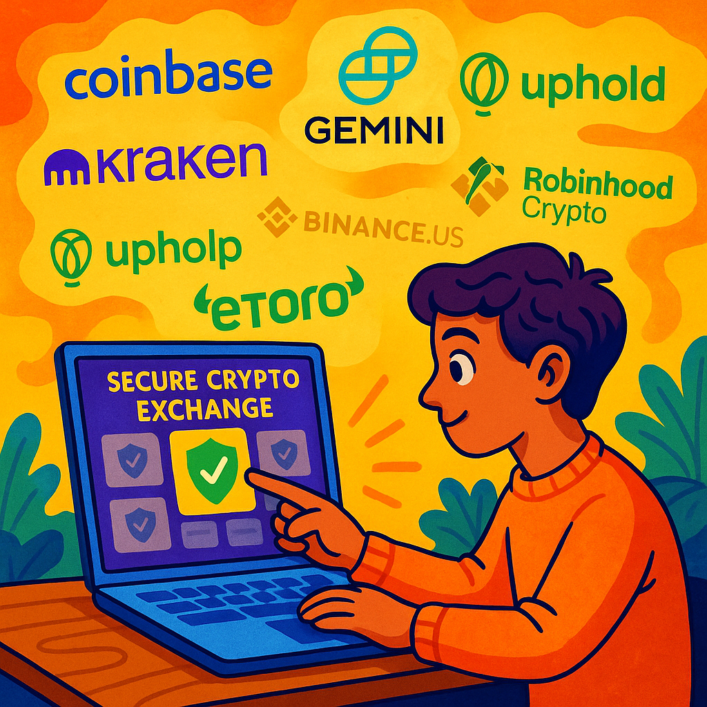 Beginner confidently choosing a secure crypto exchange on laptop with logos of Coinbase, Kraken, Gemini, Binance.US, Uphold, Robinhood Crypto, eToro, Crypto.com, Bitstamp, and SoFi Invest displayed