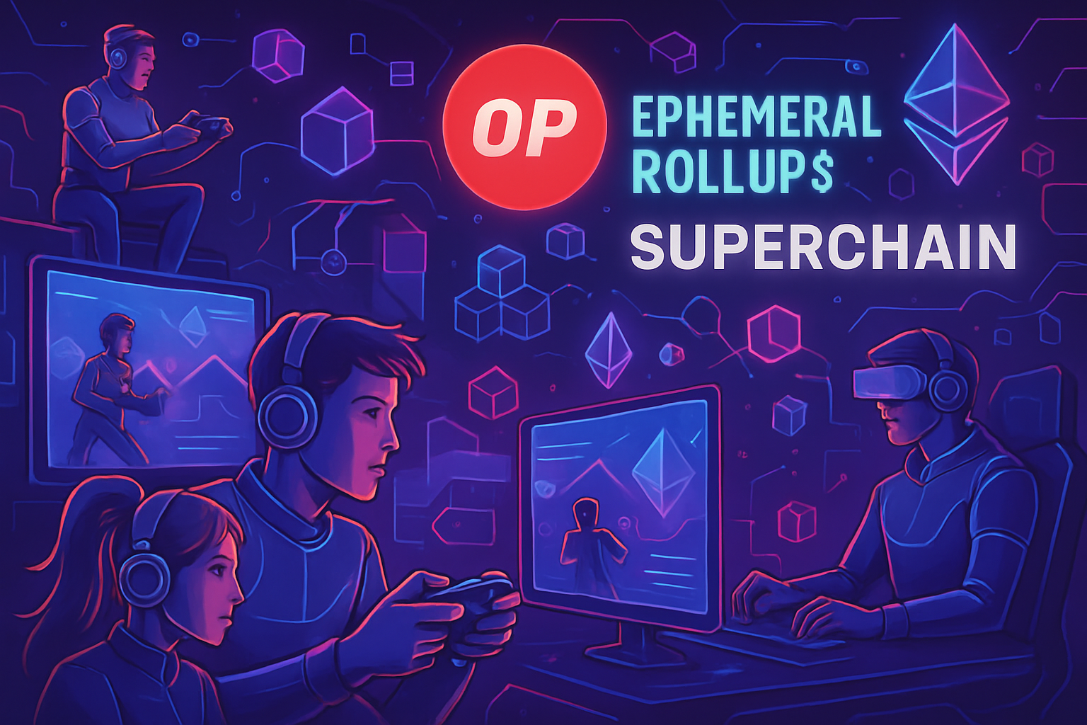 Futuristic multiplayer blockchain game illustration showcasing ephemeral rollups on OP Superchain, with vibrant real-time gaming visuals and digital network elements.