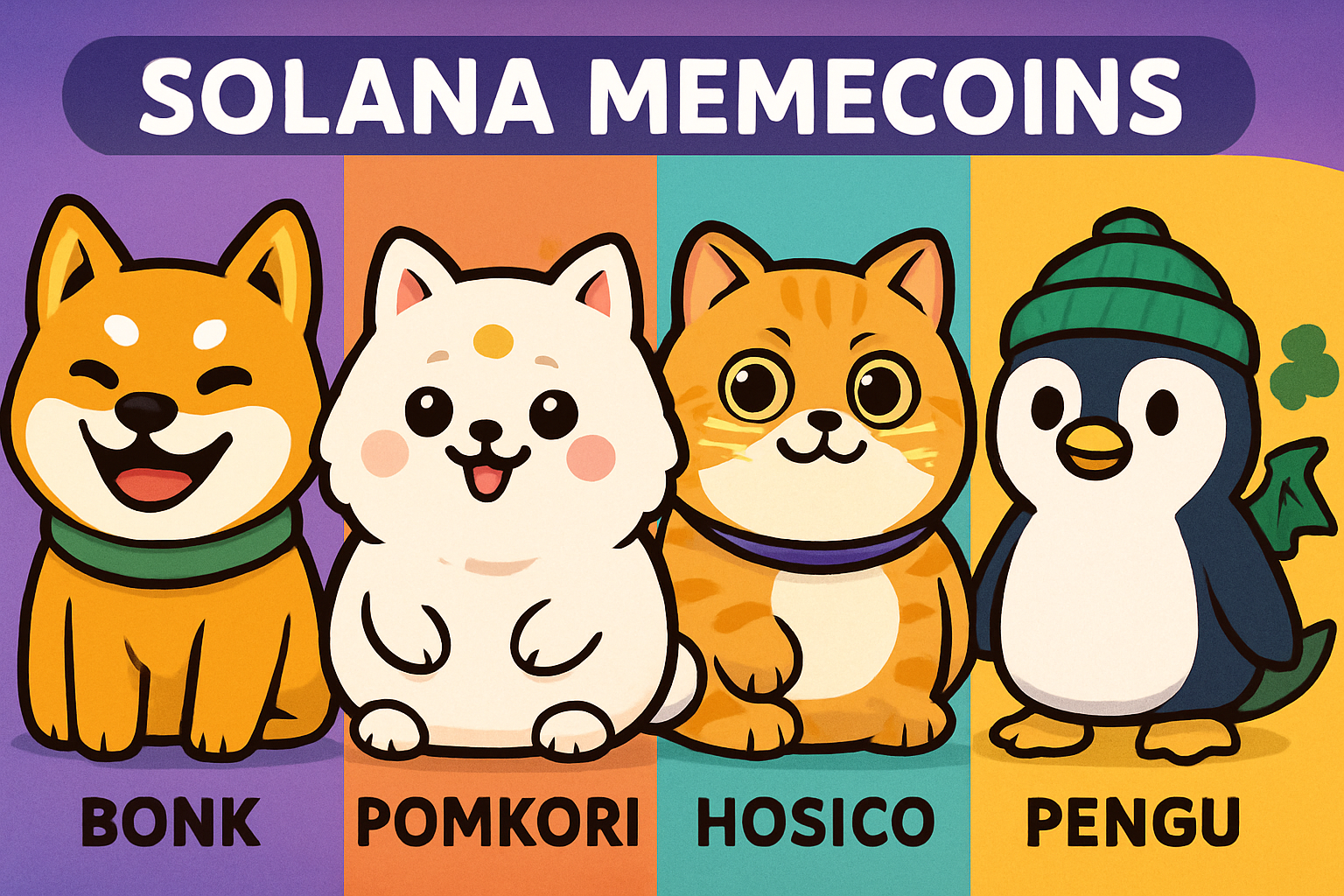Vibrant illustration of top Solana memecoins BONK, POMKORI, HOSICO, PENGU, and SMOG with playful mascots representing each token in a colorful, fun crypto scene.