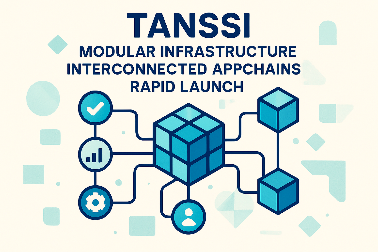 Vibrant illustration of interconnected appchains launching from a modular infrastructure hub labeled Tanssi, symbolizing rapid blockchain deployment and interoperability.