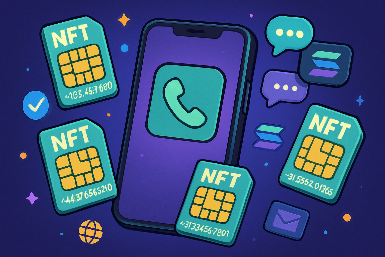 Vibrant illustration of multiple NFT phone numbers as SIM cards and digital icons floating around a smartphone, symbolizing easy management of multiple lines with DegenPhone on Solana blockchain.
