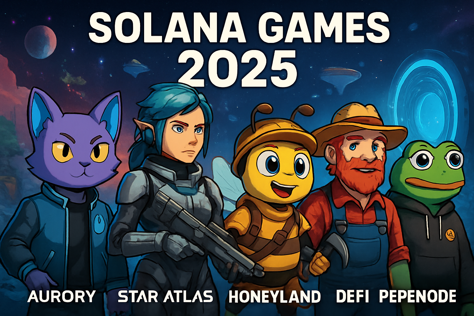Futuristic avatars exploring a vast digital world inspired by top Solana games like Aurory, Star Atlas, Honeyland, DeFi Land, and PEPENODE, showcasing player-owned universes and blockchain-powered gameplay in 2025.
