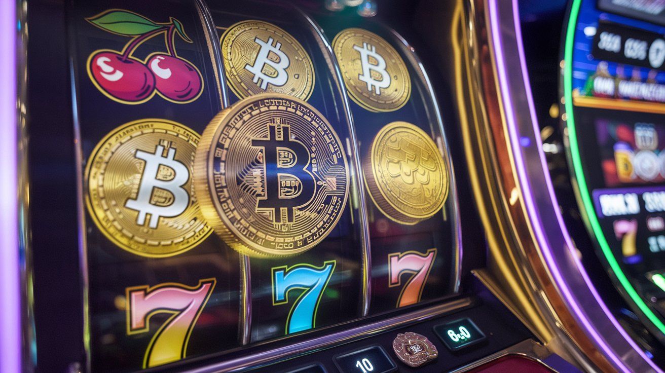 Digital casino floor with glowing Bitcoin and Ethereum symbols on slot machines, representing secure crypto gambling at JACKBIT in 2025.