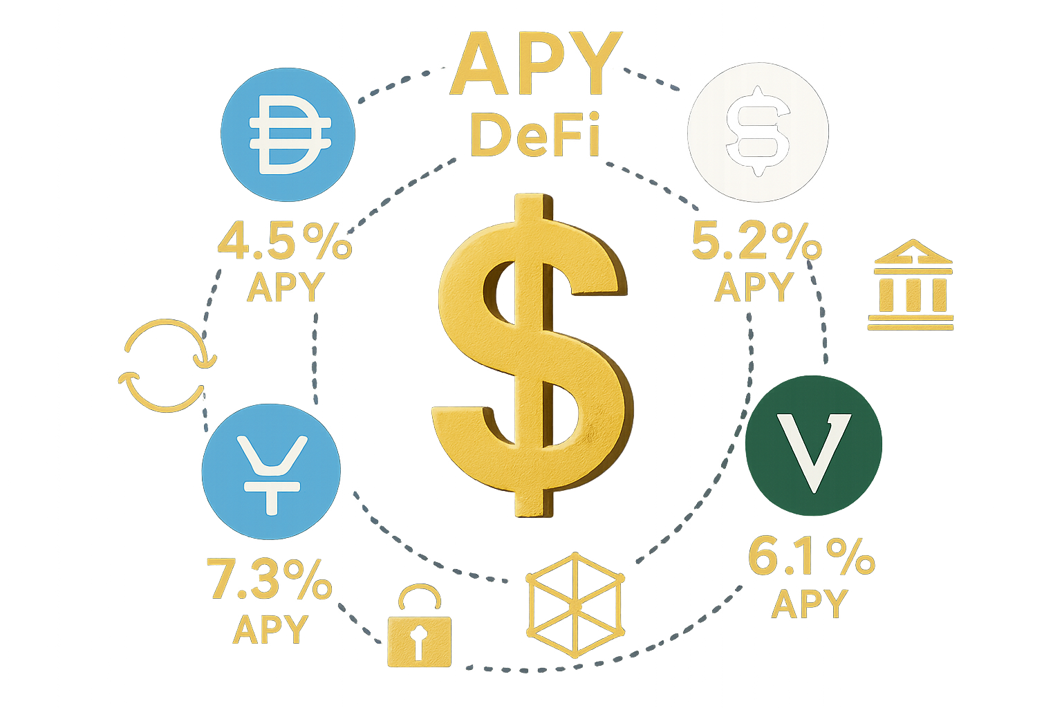 Infographic featuring sDAI, USDe, vyUSD, and USDY stablecoin logos orbiting a golden dollar sign, with APY rates and DeFi icons in the background, representing top yield-bearing stablecoins for passive income in 2025.