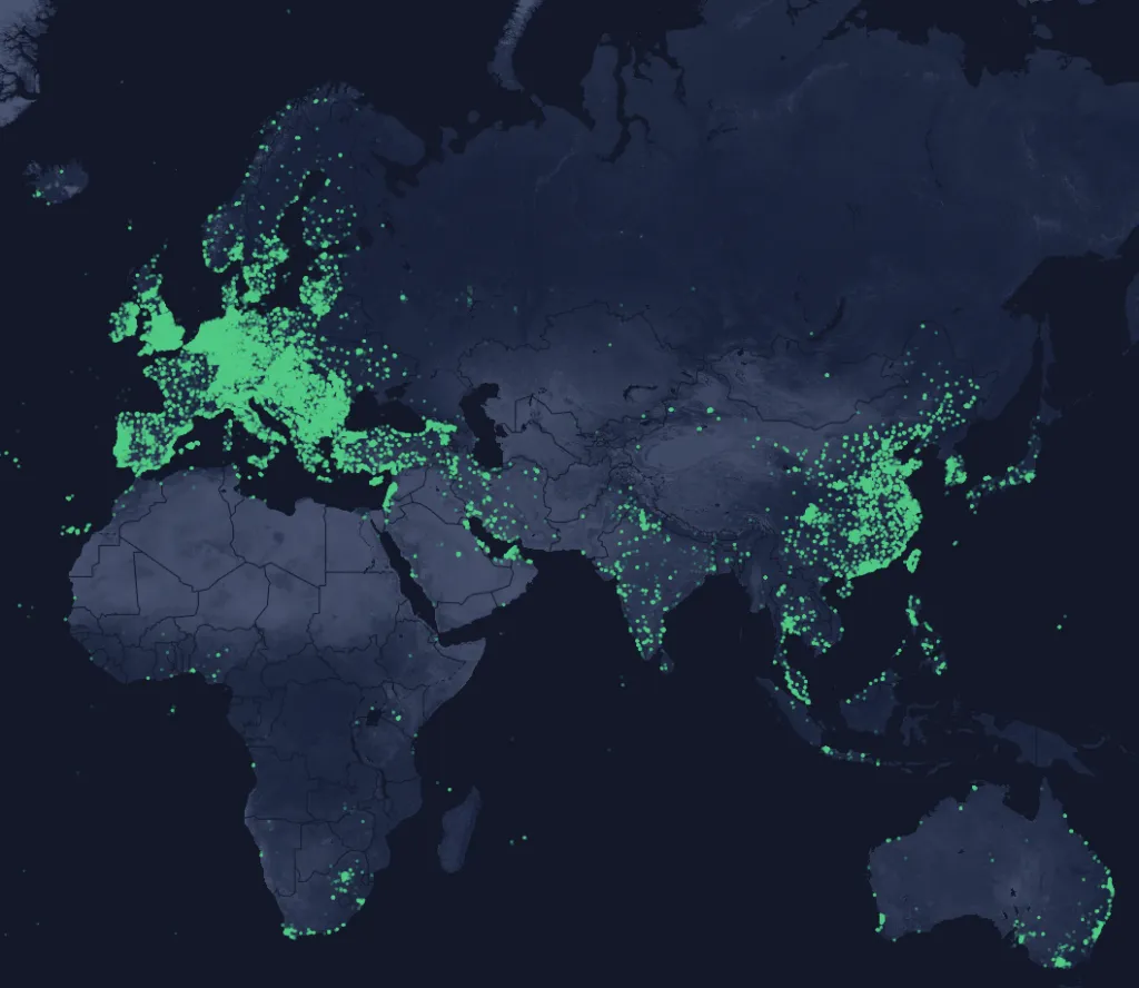 Helium Network global hotspot density map highlighting major cities in 2024-2025
