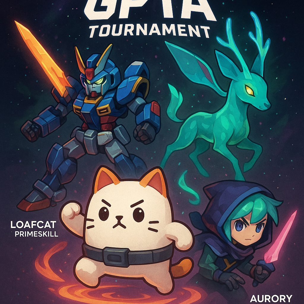 Vibrant montage of LoafCat, PrimeSkill - Frontstrike, Genopets, Aurory, and Star Atlas characters competing in a Solana crypto gaming tournament